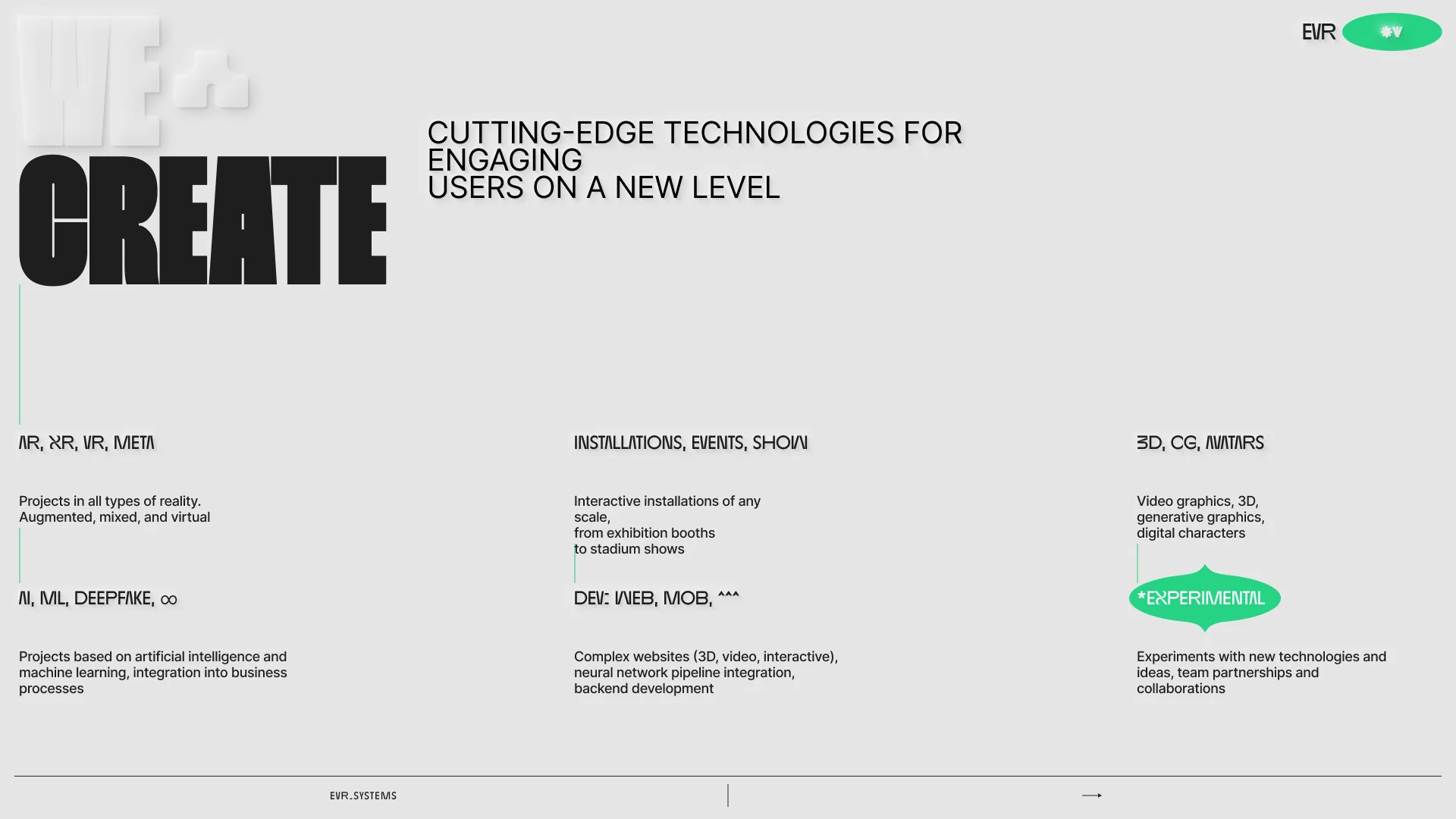 WE CREATE slide listing AR, XR, installations, events and 3D work